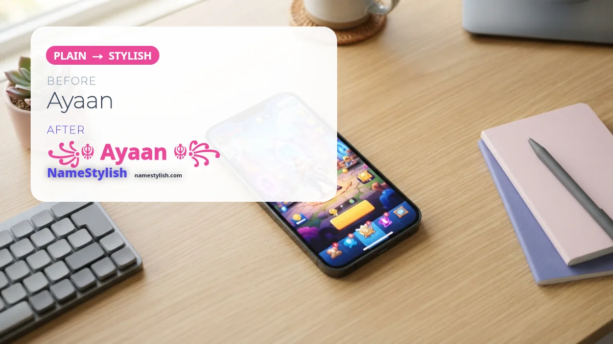 Free Fire name Ayaan shown plain and as the stylish name style ꧁☬ Ayaan ☬꧂