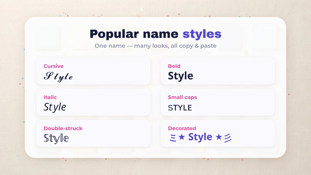 Popular stylish name styles: cursive, bold, italic, small caps, double-struck and decorated fonts