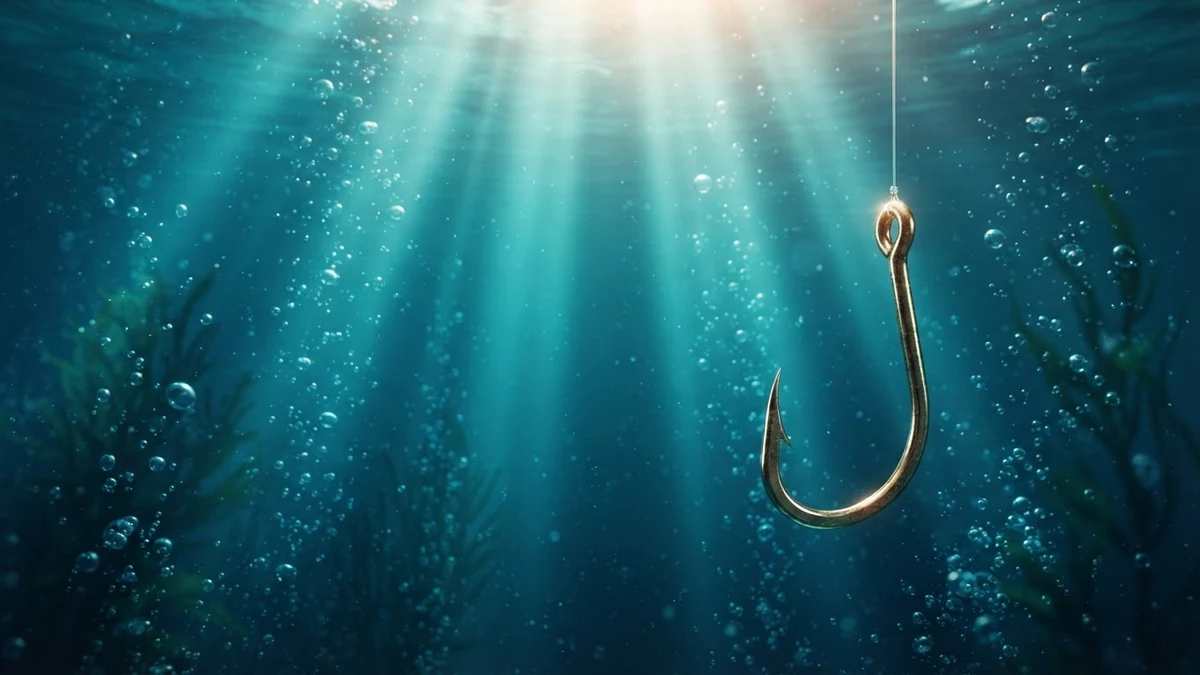 A brass fish hook on invisible line underwater, illustrating name-related account scams A brass fish hook on invisible line underwater, illustrating name-related account scams
