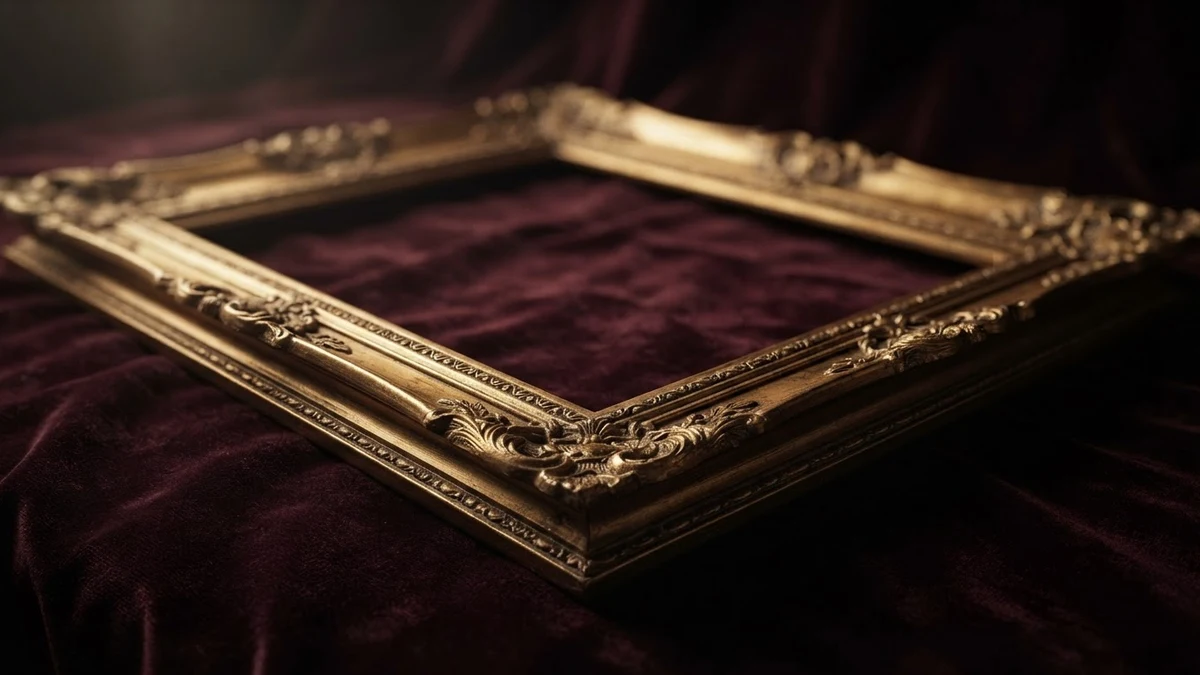 An empty gilded frame on velvet, illustrating bracket symbols that frame a name An empty gilded frame on velvet, illustrating bracket symbols that frame a name