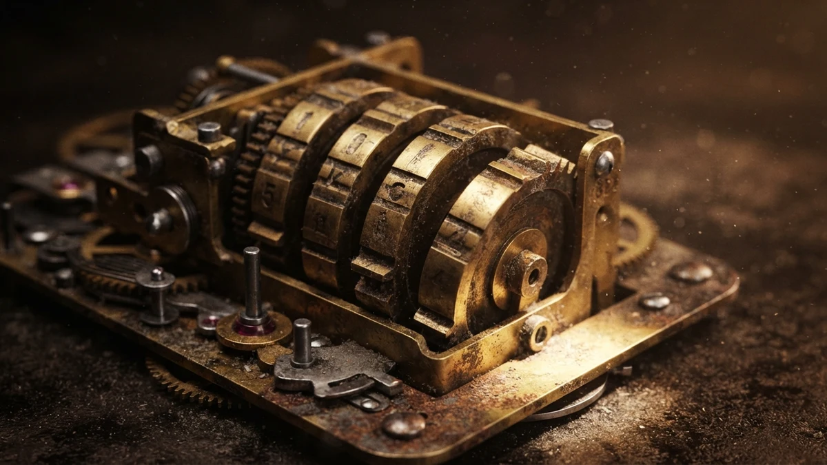 Brass counter wheels out of alignment, illustrating how name length is counted in units not letters Brass counter wheels out of alignment, illustrating how name length is counted in units not letters