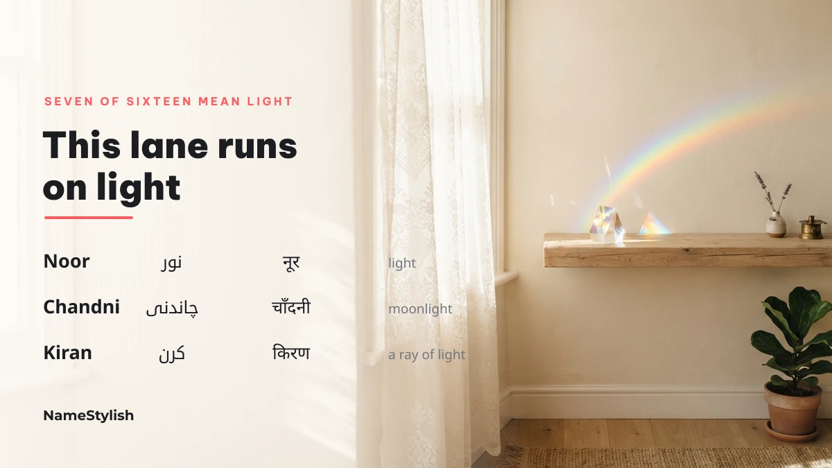 Noor, Chandni and Kiran written in Urdu and Devanagari with their meanings