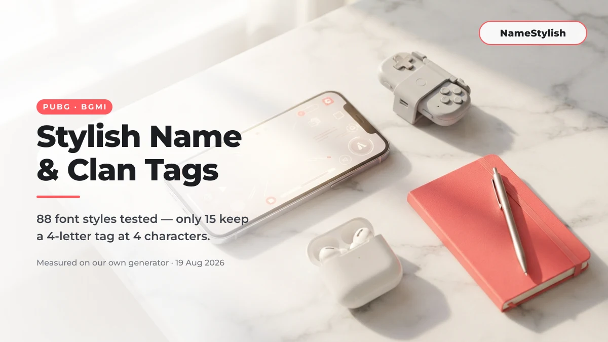 PUBG and BGMI stylish name generator — 88 font styles tested on a four-letter clan tag