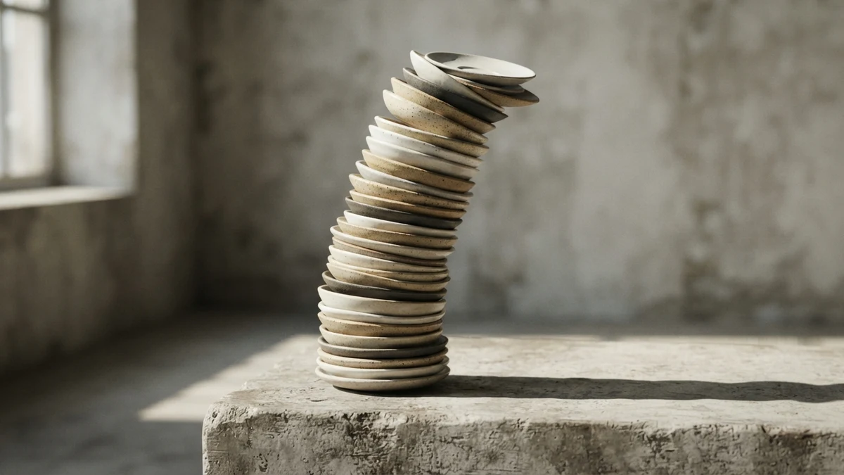 A leaning stack of ceramic saucers, illustrating unstable stacked combining marks A leaning stack of ceramic saucers, illustrating unstable stacked combining marks