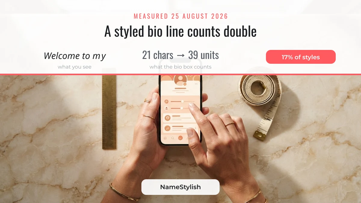 Styled welcome to my profile bio line measured at 21 visible characters counted as 39 units
