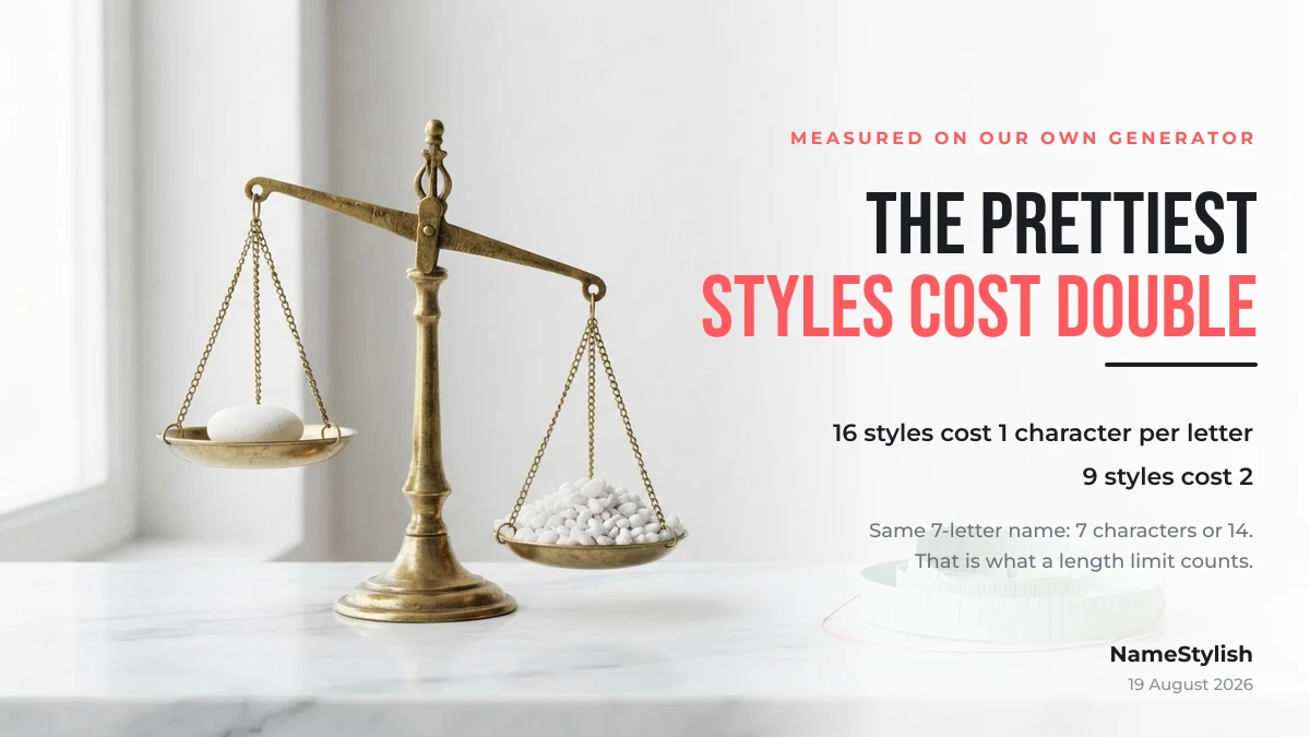 Measured: 16 stylish name styles cost one character per letter, 9 cost two