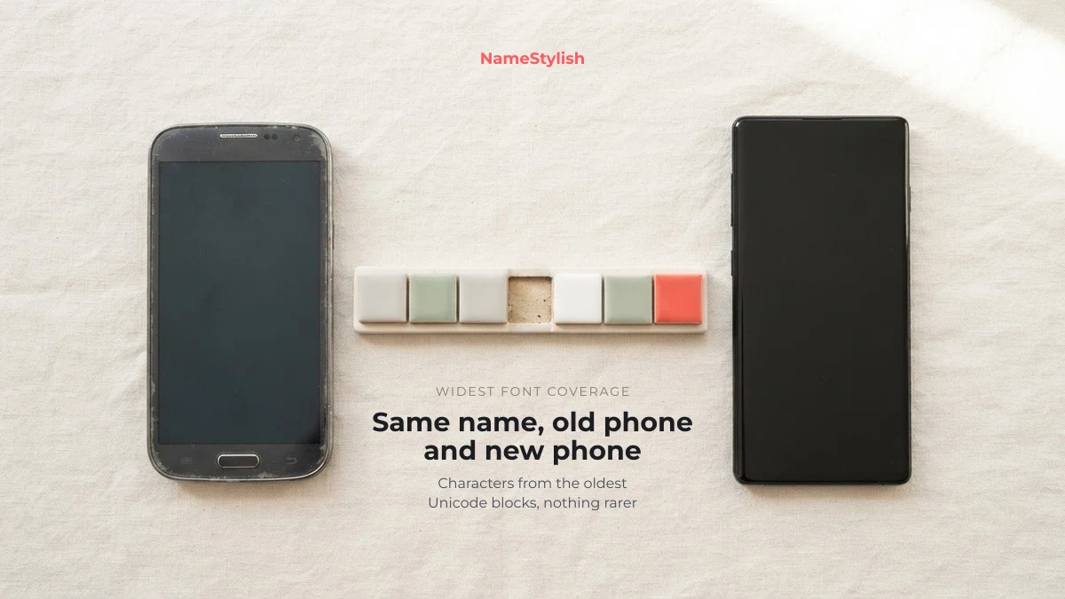 Stylish name widest-coverage kit — characters that rarely show as boxes An old scuffed smartphone and a new one either side of a tile strip with one tile missing, illustrating font coverage