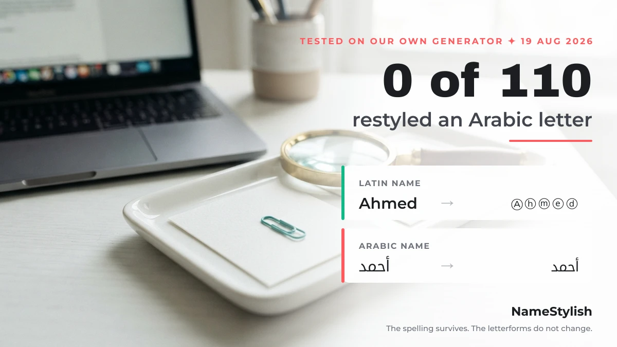 Arabic name test: 0 of 110 generator results restyled an Arabic letter