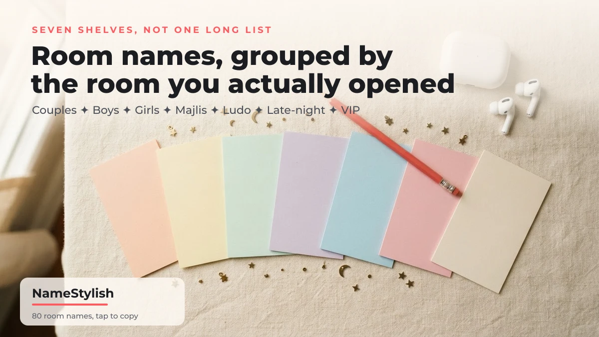 Yalla room names grouped by room type: couples, boys, girls, majlis, ludo, late-night and VIP