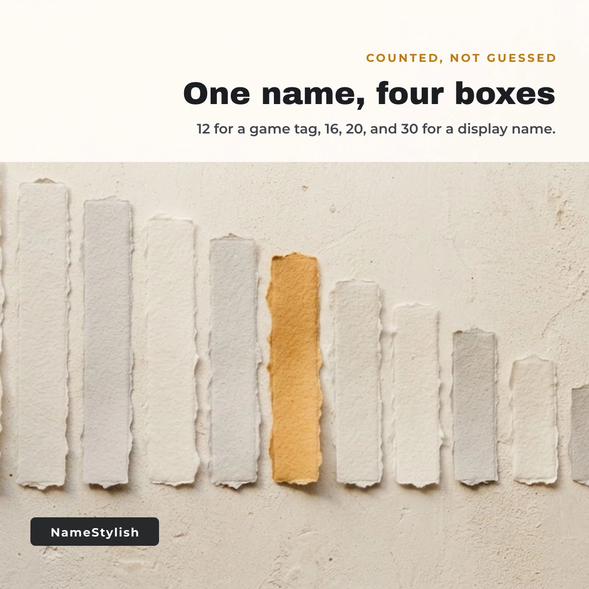 Alone name counted against four name box sizes A descending row of paper strips with one highlighted, illustrating one name measured against four box sizes