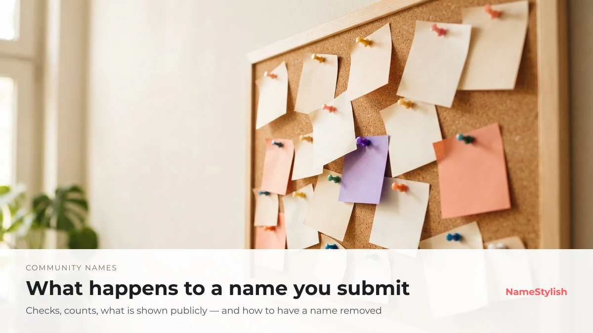 A cork noticeboard with blank paper notes pinned to it, illustrating community-submitted names