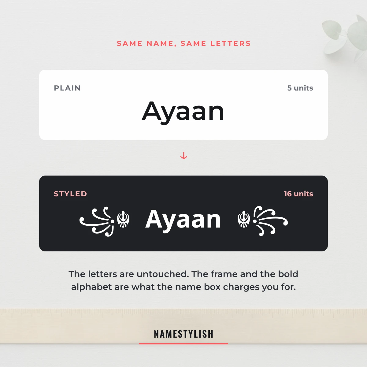 Free Fire name plain versus styled, with unit counts The name Ayaan shown plain at five units and framed in bold at sixteen units
