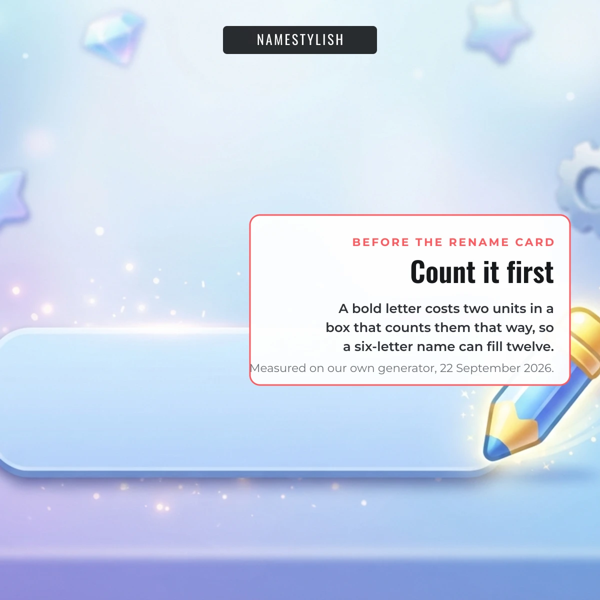 Count a Free Fire name before you spend the rename card A bright game profile edit screen with a blank name field and a pencil icon, beside a note on counting a name before renaming