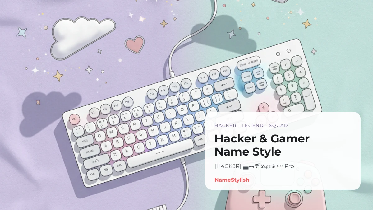 Hacker and gamer name style — leetspeak, legend and squad names A pastel keyboard and game controller with a card reading Hacker and Gamer Name Style