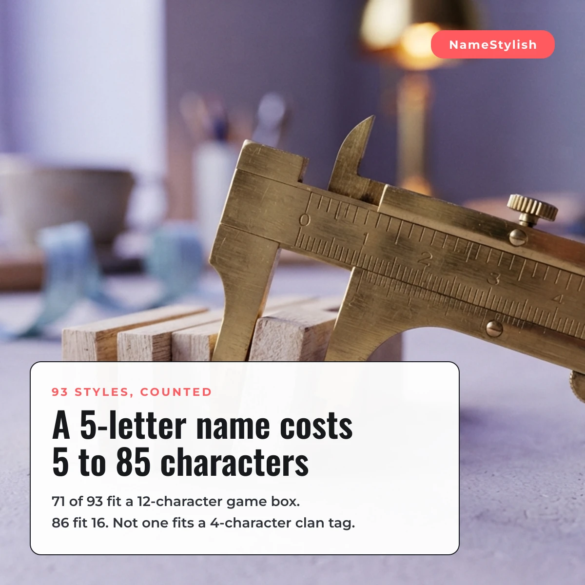 How long is a stylish name - 93 styles measured Brass vernier calipers measuring a row of small wooden tiles, beside the measured character costs