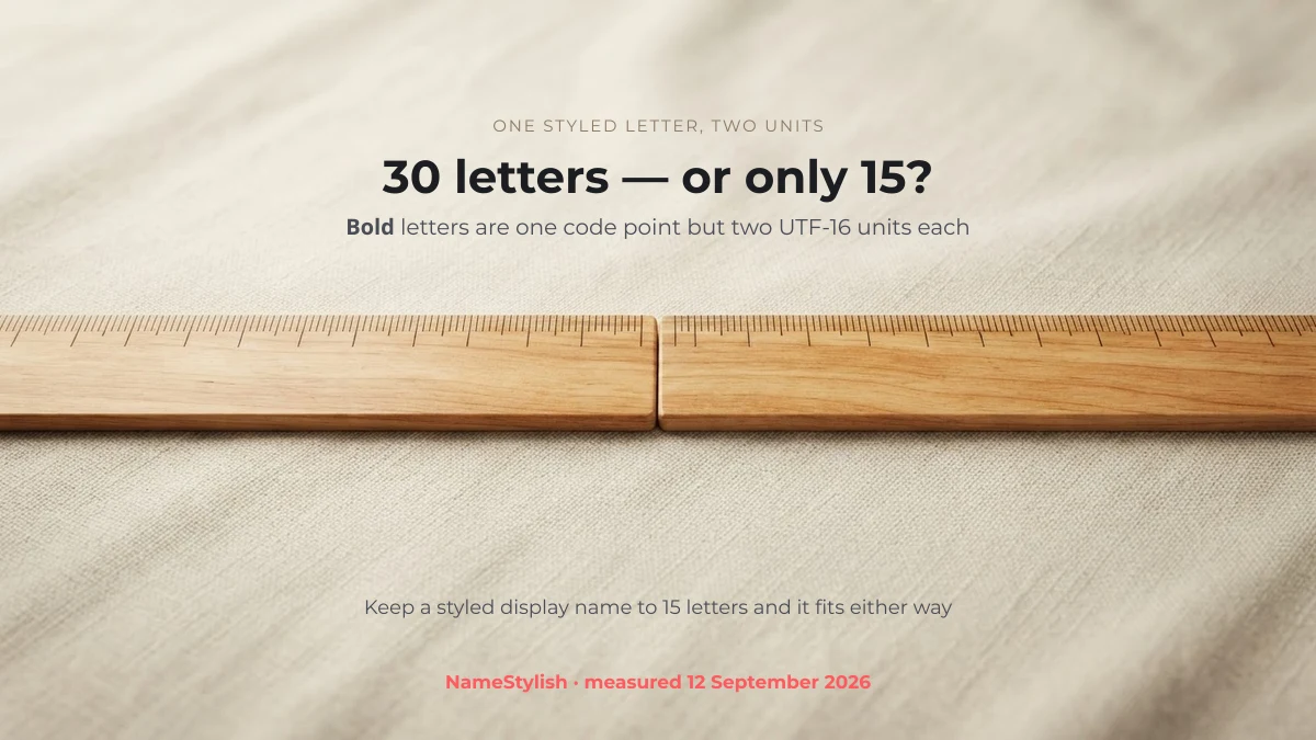 Instagram name length โ one styled letter can count as two units Two wooden rulers laid end to end on linen, illustrating a styled letter counting as two units instead of one