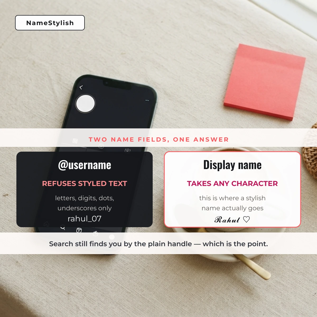 Instagram username vs display name - where a stylish name works Two cards comparing the Instagram username field that refuses styled text with the display name field that accepts it