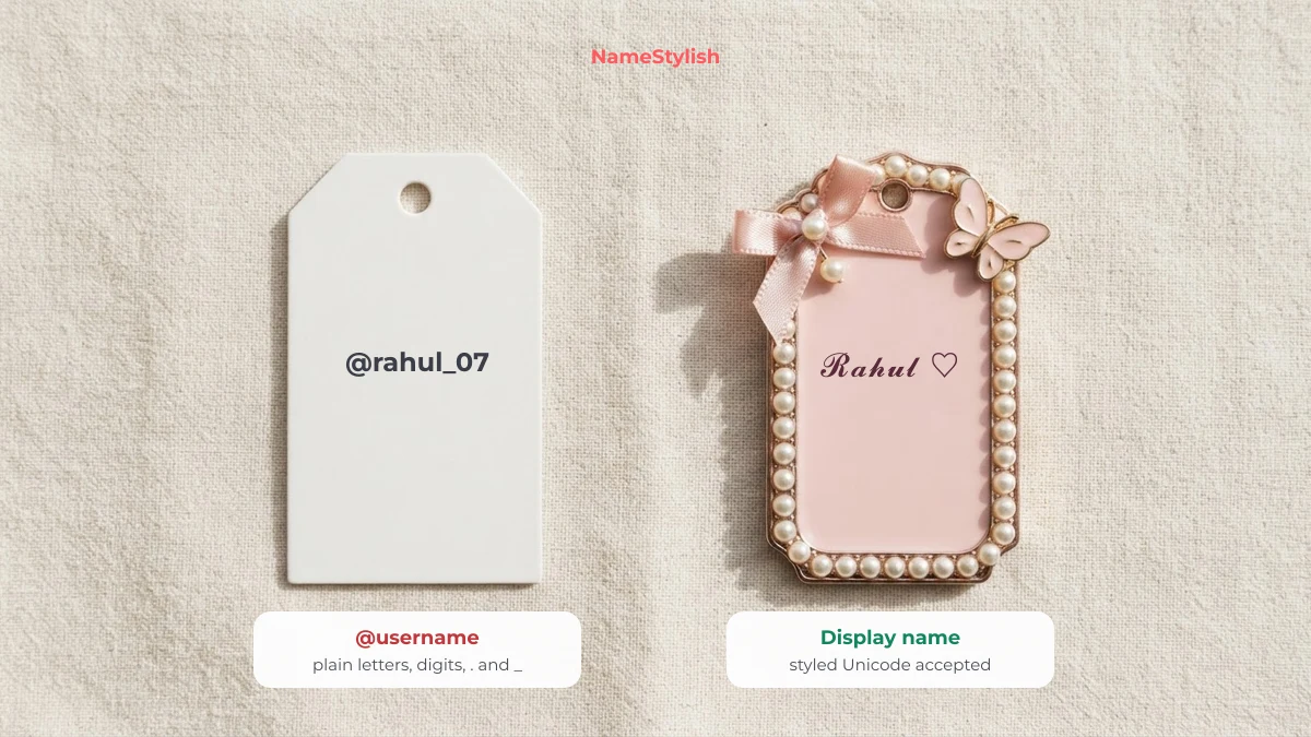 Instagram username vs display name โ where a stylish name works A plain white tag labelled with a username beside an ornate pink name plate showing a styled display name