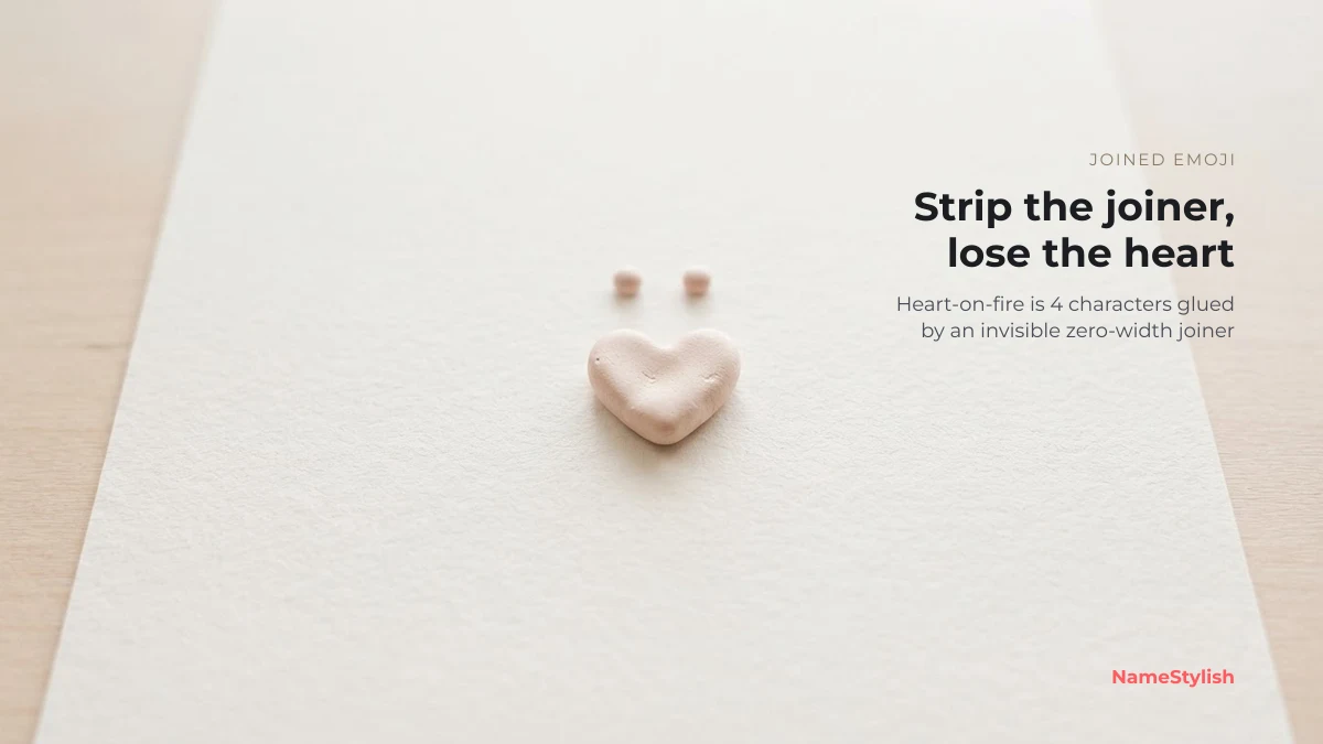 Joined heart emoji — what happens when the zero-width joiner is stripped A small ceramic heart with two tiny dots detached above it, illustrating a joined emoji coming apart