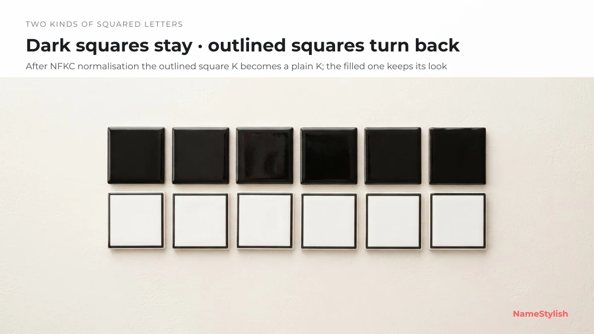 Knives Out squared letters — dark versus outlined Two rows of blank square tiles, one row solid black and one row white with black outlines, under a banner saying dark squares stay and outlined squares turn back