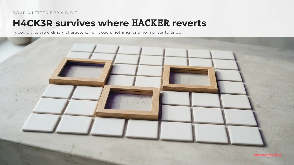 Leetspeak hacker name — typed digits survive where styled letters revert A grid of white tiles with three replaced by empty wooden frames, illustrating letters swapped for digits