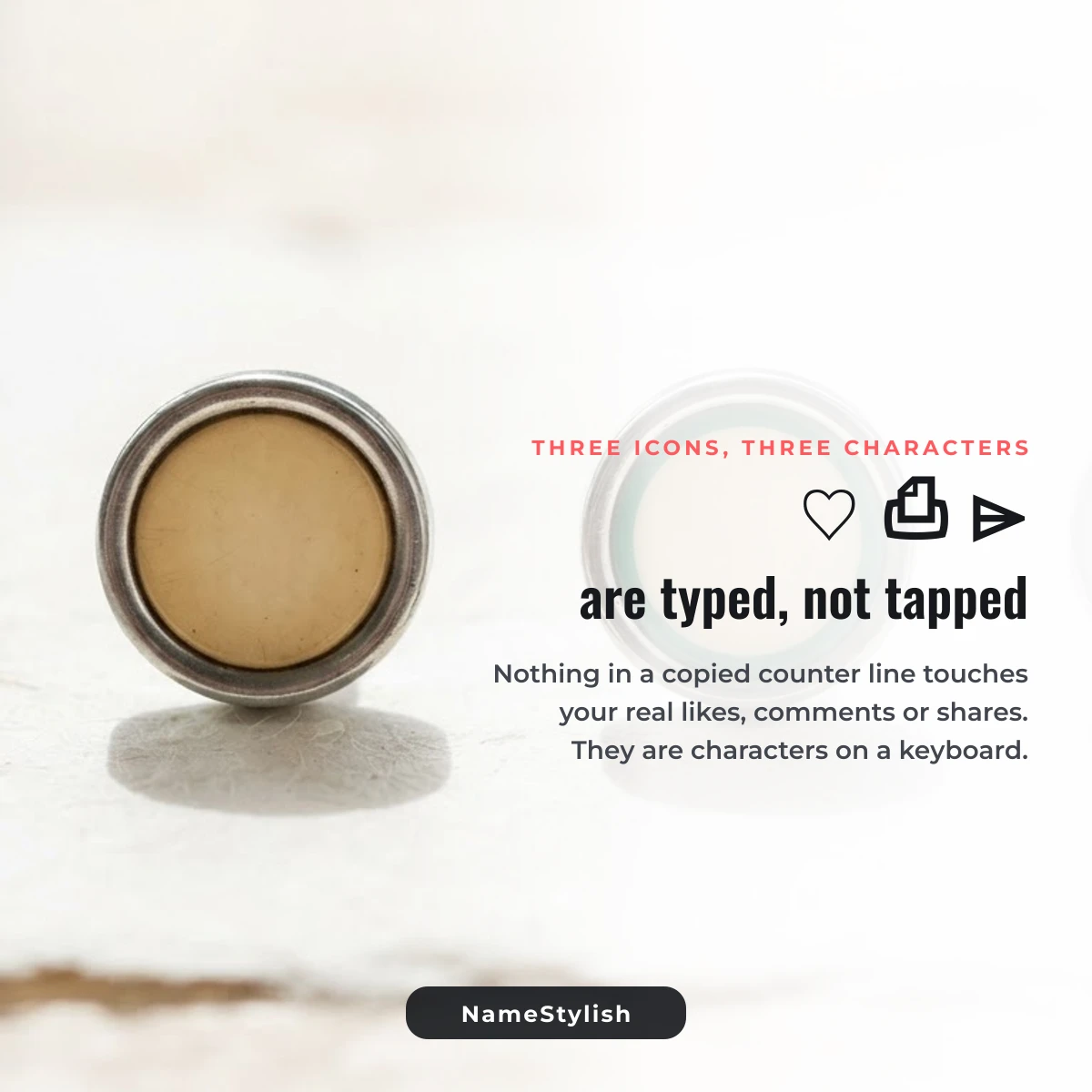 The like comment share icons are typed characters A blank typewriter key on white paper beside the heart, print and send characters used in counter lines