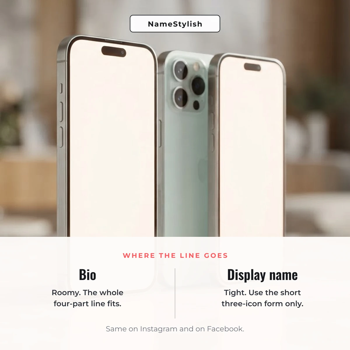 Where a like comment share line goes - bio or display name Smartphones with blank screens beside a comparison of putting the line in the bio or in the display name