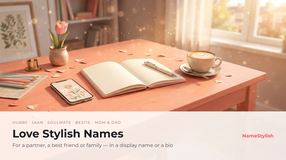Love stylish names — hubby, jaan, soulmate and bestie A coral desk with a notebook, a phone, a tulip and small paper hearts, the love stylish names cover