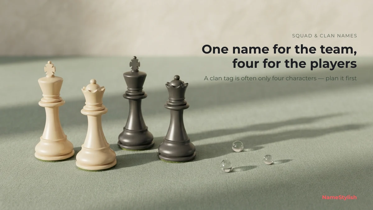 Squad and clan name style — one team name, four players Four chess pieces standing in a row on a sage surface, illustrating a squad of players under one team name